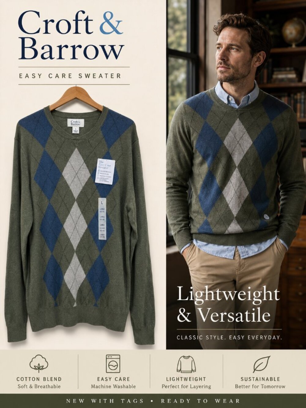 Croft & Barrow Men’s Lightweight Argyle Sweater Olive Blue Preppy Golf L